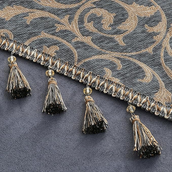Loom and Mill Elegant Damask Table Runner 90 inches Long, Classic Acanthus Chenille Jacquard Table Runners with Tassels for Dining Room Dresser Party Banquet Decoration (Blue-Grey+Khaki,13x90 inch)