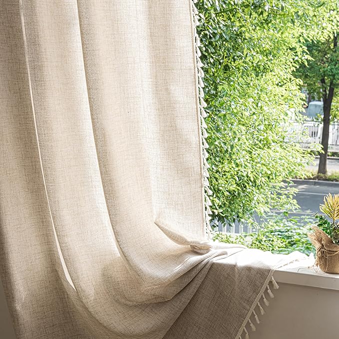 Sutuo Home Boho Curtains 63 Inches Long, Bohemian Linen Style Textured Curtains with Tassels for Living Room, Semi Blackout Farmhouse Drapes, Rod Pocket Window Treatments 2 Panels, 52" x 63", Natural