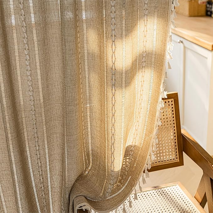Sutuo Home Boho Door Curtains for Doorway, Bohemian Semi Blackout Curtains Privacy Embroidery Drape Decor for Temporary Room Dividers Bedroom Living Room, Rod Pocket 1 Panel 37" W x 80" L, Natural