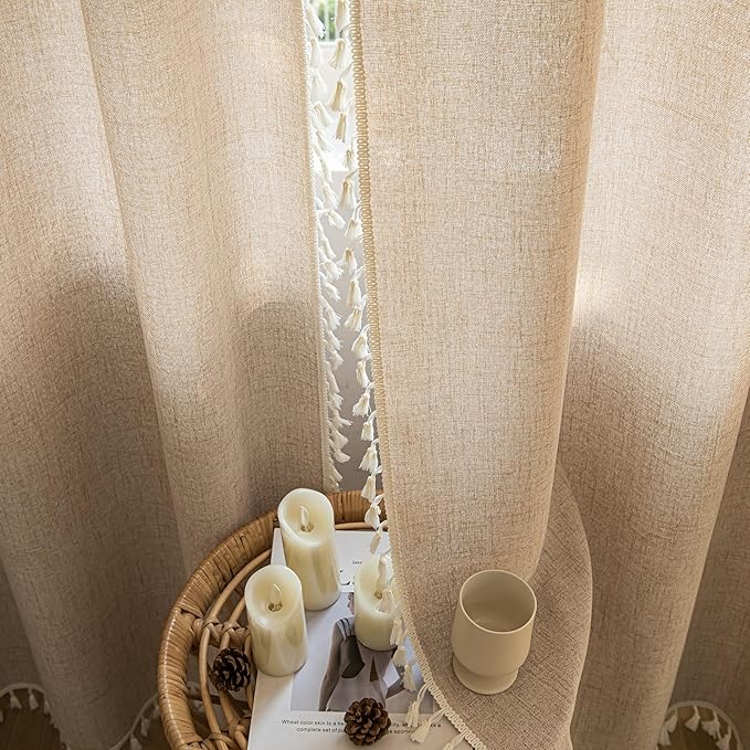 Sutuo Home Boho Curtains 108 Inches Long, Bohemian Linen Style Textured Curtains with Tassels for Bedroom Semi Blackout Farmhouse Drapes, Rod Pocket Window Treatments 2 Panels, 52" x 108", Coffee