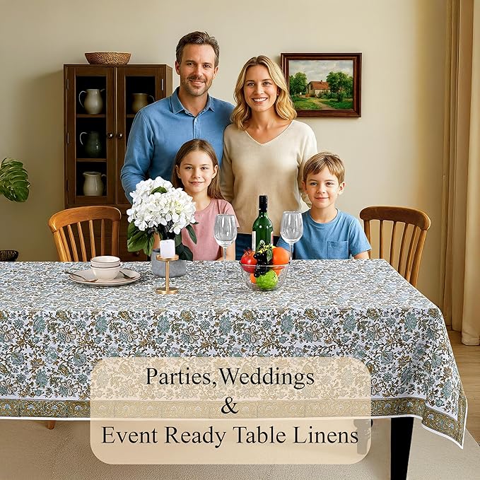 CPC Tablecloth 100% Cotton 70x108 Inch Indian Block Print Rectangle Table Cover, Blue Table Cloth for Weddings, Spring/Summer, Barbeque - Topaz Blue