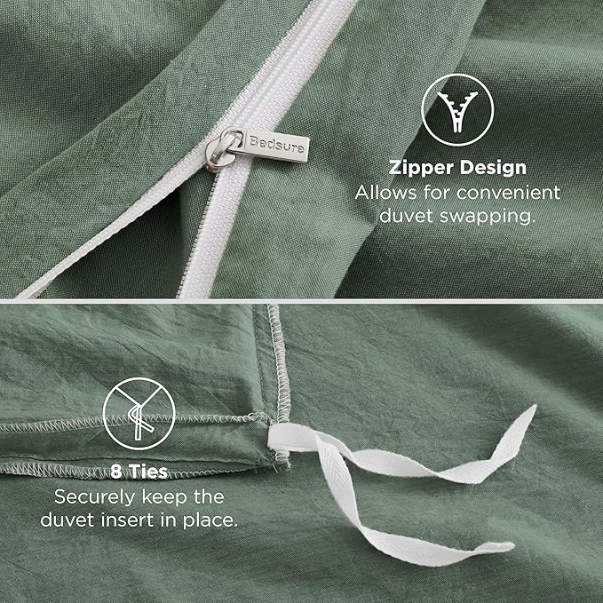 Bedsure 100% Washed Cotton Duvet Cover Queen Size - Iceberg Green Minimalist Cotton Duvet Cover Linen Like for All Seasons - GentleSoft™ Plain Simple Bedding (Iceberg Green, Queen, 90"x90")