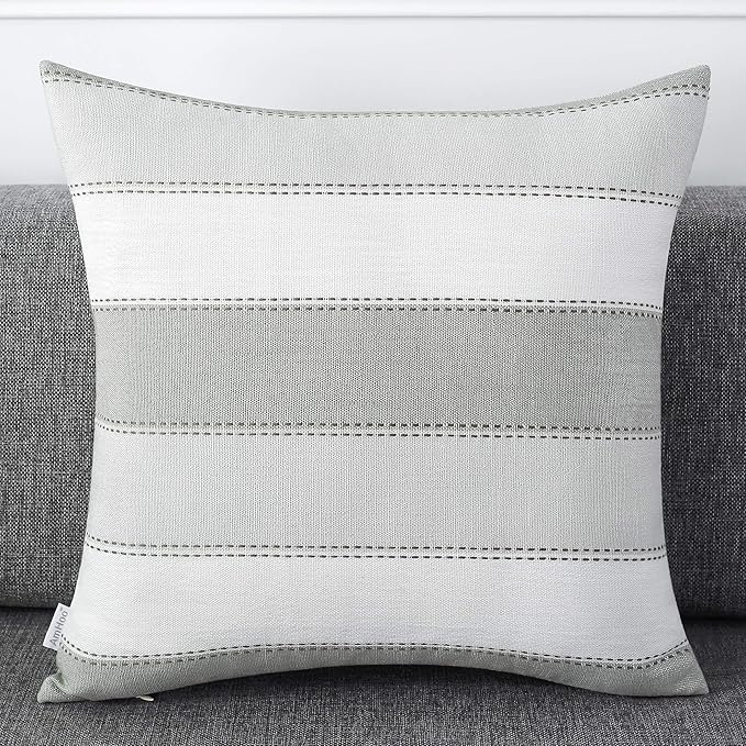 AmHoo Pack of 2 Farmhouse Stripe Check Throw Pillow Covers Set Case Cotton Linen Decorative Pillowcases Cushion Cover for Couch Bench Sofa 20x20Inch Light Grey Beige