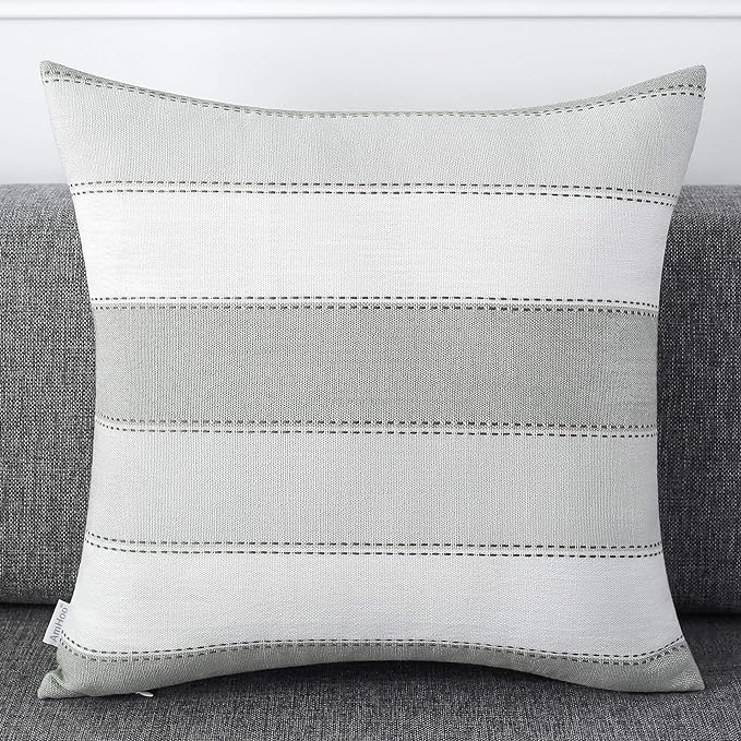 AmHoo Pack of 2 Farmhouse Stripe Check Throw Pillow Covers Set Case Cotton Linen Decorative Pillowcases Cushion Cover for Couch Bench Sofa 18x18Inch Light Grey Beige