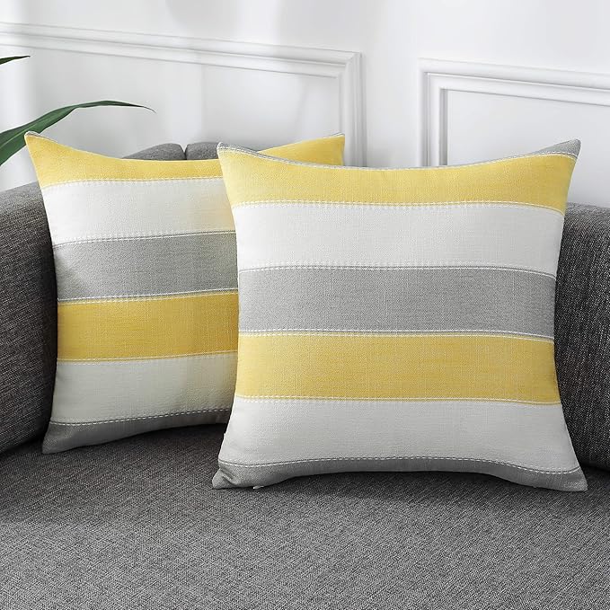 AmHoo Pack of 2 Farmhouse Stripe Check Throw Pillow Covers Set Case Cotton Linen Decorative Pillowcases Cushion Cover for Couch Bench Sofa 18x18Inch Yellow Beige