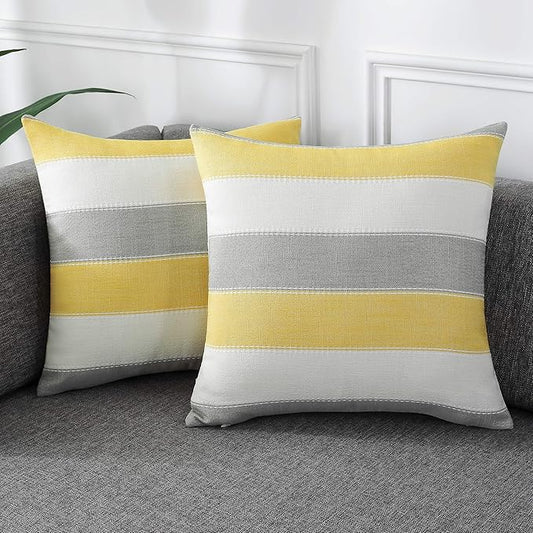 AmHoo Pack of 2 Farmhouse Stripe Check Throw Pillow Covers Set Case Cotton Linen Decorative Pillowcases Cushion Cover for Couch Bench Sofa 18x18Inch Yellow Beige