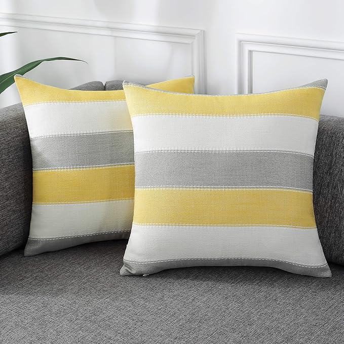 AmHoo Pack of 2 Farmhouse Stripe Check Throw Pillow Covers Set Case Cotton Linen Decorative Pillowcases Cushion Cover for Couch Bench Sofa 20x20Inch Yellow Beige