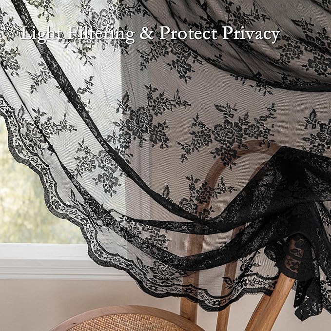 MEETSKY Black Lace Curtains 63 Inch Length 2 Panels Set Victorian Vintage Gothic Sheer Light Filtering Back Tab Rod Pocket Drapes for Halloween Decor, 50" Wide Each Panel