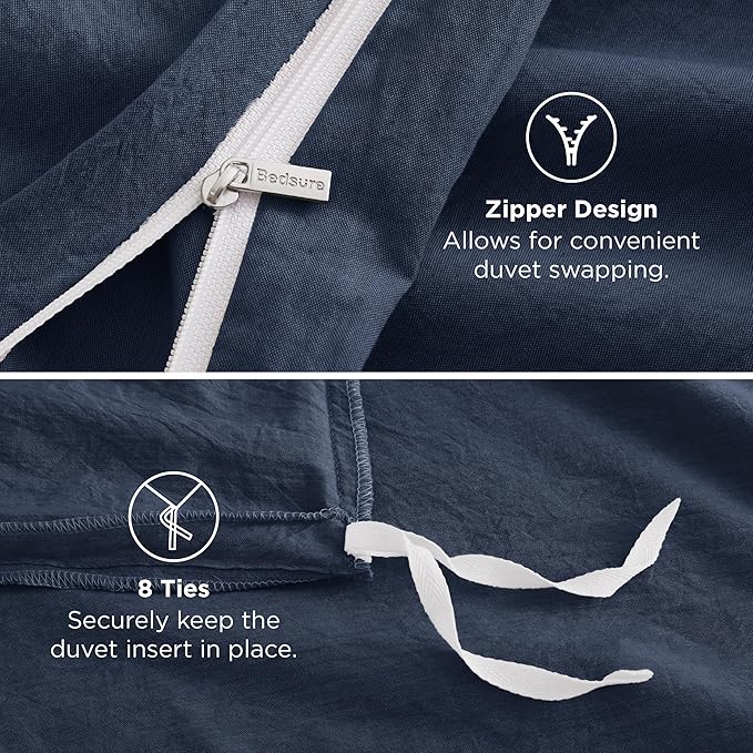 Bedsure 100% Washed Cotton Duvet Cover King Size - Navy Minimalist Cotton Duvet Cover Linen Like for All Seasons - GentleSoft™ Plain Simple Bedding (Navy, King, 104"x90")