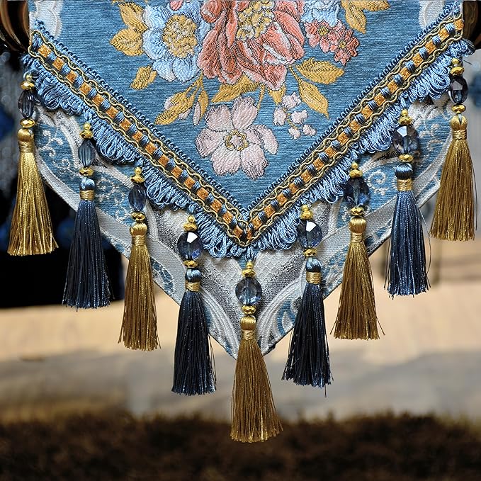 Extra Luxury Velvet Blue Table Runner 90 Inches Long with Vintage Damask Jacquard Design for Dining Room,Living Room,Home Decor,Elegant Beaded Tapestry (N-Blue, 13×90 inch)