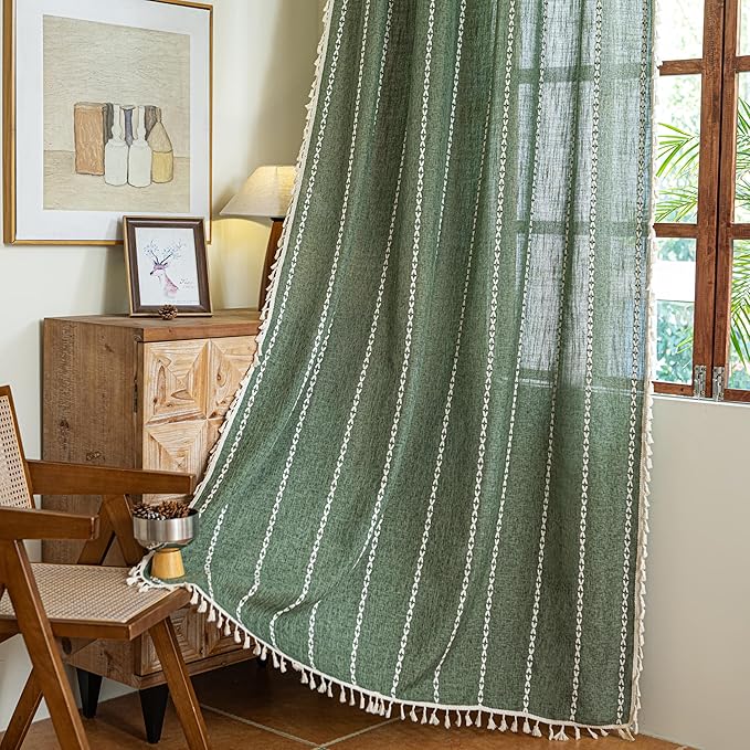 Sutuo Home Boho Curtains for Bedroom Dining Room, Semi Blackout Linen Farmhouse Vintage Chic Tassels Privacy Window Treatment Bohemian Embroidery Drape, Rod Pocket 1 Panel 52" W x 96" L, Olive Green
