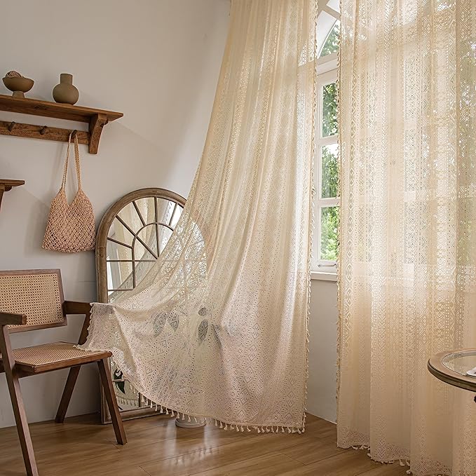 Sutuo Home Boho Curtains 84 Inches Length 2 Panels for Bedroom, Window Treatments Bohemian Sheer Crochet Lace Vintage Cotton Drapes Pair, Beige Geometry Handmade Tassels Rod Pocket, 52" x 84"