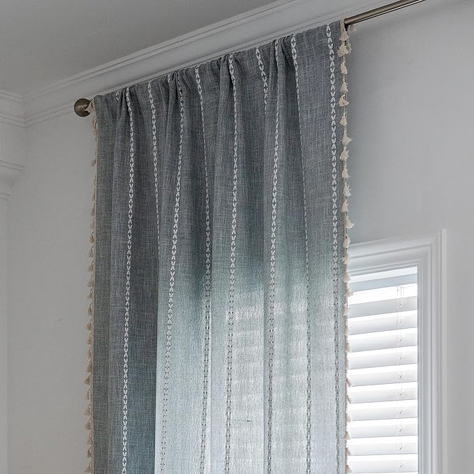 Sutuo Home Boho Curtain for Bedroom Nursery Room, Semi Blackout Linen Farmhouse Shabby Chic Tassels Window Treatment Bohemian Embroidery Drape, Rod Pocket 1 Panel 52" W x 96" L, Greyish Blue
