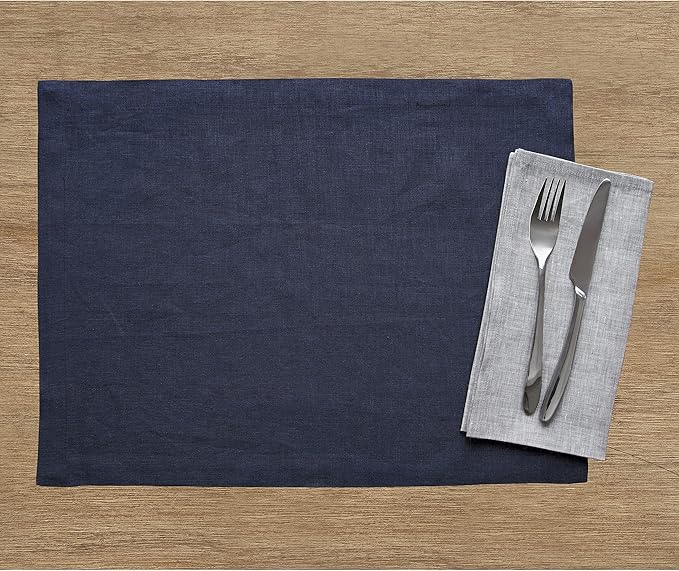 Solino Home Linen Navy Blue Placemats Set of 6-100% Pure Linen Placemats 14 x 19 Inch for Christmas, Holiday, Winter, New Year - Fete