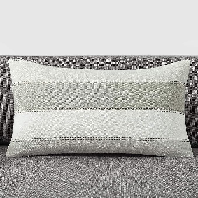 AmHoo Pack of 2 Farmhouse Stripe Check Throw Pillow Covers Set Case Cotton Linen Decorative Pillowcases Cushion Cover for Couch Bench Sofa 12x20Inch Light Grey Beige