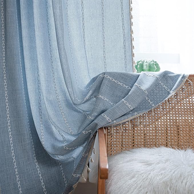 Sutuo Home Boho Curtains 84 Inches for Bedroom Living Room, Light Filtering Farmhouse Vintage Chic Tassels Window Treatment Bohemian Embroidery Drape, Rod Pocket 1 Panel 52" W x 84" L, Blue