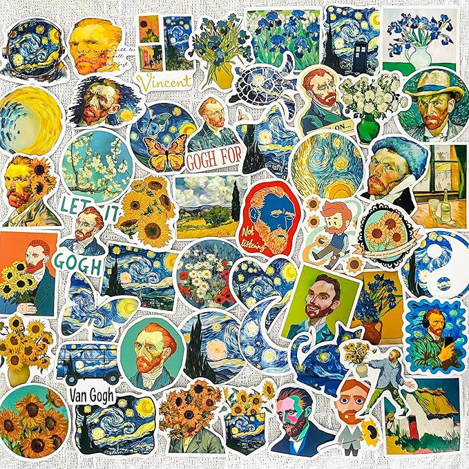 50PCS Van Gogh Artistic Stickers - Starry Night Art, Sunflowers, Self-Portraits, Aesthetic Vinyl Waterproof Stickers for Laptop, Water Bottle, Journal, Scrapbook, Art Lovers Gift