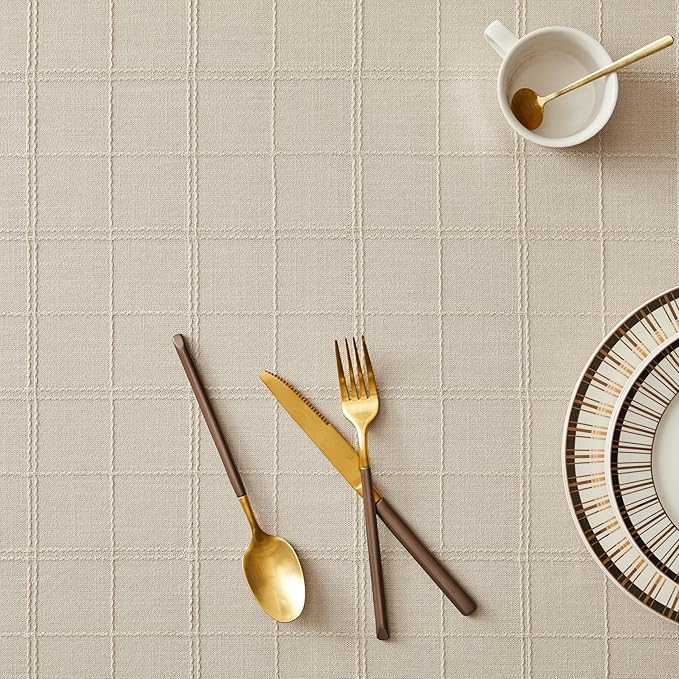 ZeeMart Linen Checked Table Cloth, Farmhouse Style Plaid Embroidered Neutral Tablecloth, Water Resistant Rectangle Table Cloth, Beige 52x70 Inches