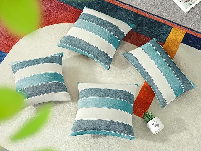 AmHoo Pack of 2 Farmhouse Stripe Check Throw Pillow Covers Set Case Cotton Linen Decorative Pillowcases Cushion Cover for Couch Bench Sofa 18x18Inch Teal Blue