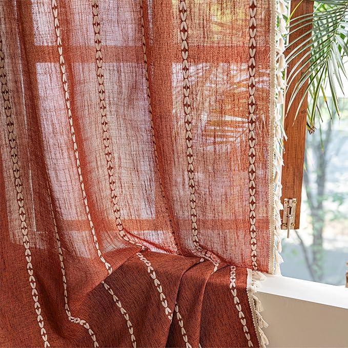 Sutuo Home Boho Linen Curtains for Living Room Dining Room, Farmhouse Light Filtering Privacy Window Treatment Bohemian Embroidery Tassels Long Stripes, Rod Pocket 1 Panel 52" W x 90" L, Terracotta