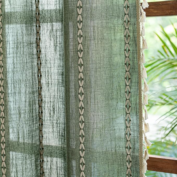 Sutuo Home Boho Kitchen Curtains with Beige Tassels, Semi Blackout Linen French Country Shabby Chic Window Treatment Bohemian Embroidery Knitted Drape, Rod Pocket 1 Panel 52" W x 63" L, Olive Green