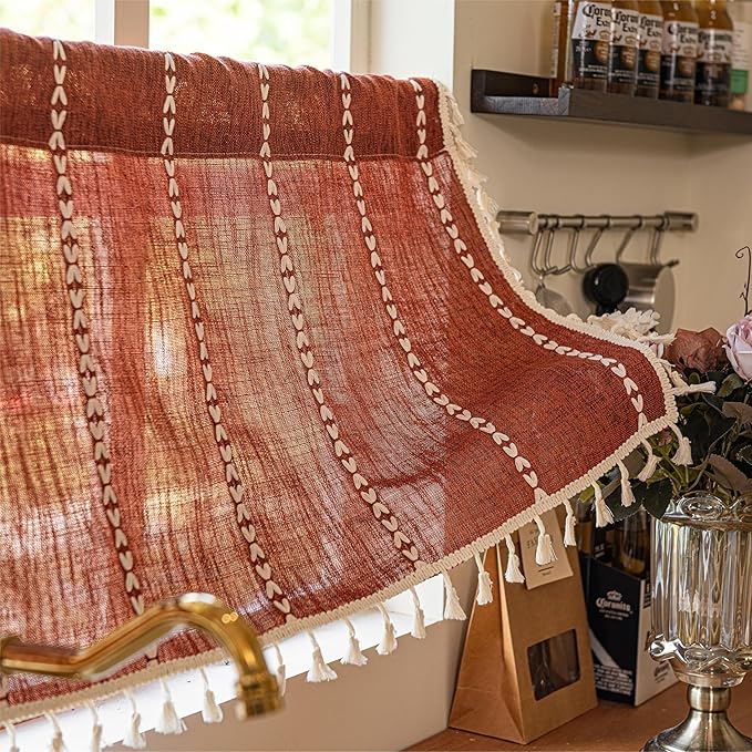 Sutuo Home Boho Valance Short Curtains For Windows Tier, Bohemian Linen Tassles Light Filtering Vintage French Country Window Treatment Fall Curtain Drape, Rod Pocket 1 Panel 52" W x 18" L, Terracotta