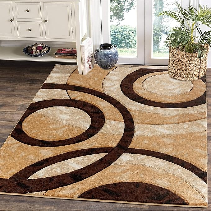 GLORY RUGS Area Rug Modern 4x6 Brown Circles Geometry Soft Hand Carved Contemporary Floor Carpet Fluffy Texture for Indoor Living Dining Room and Bedroom Area