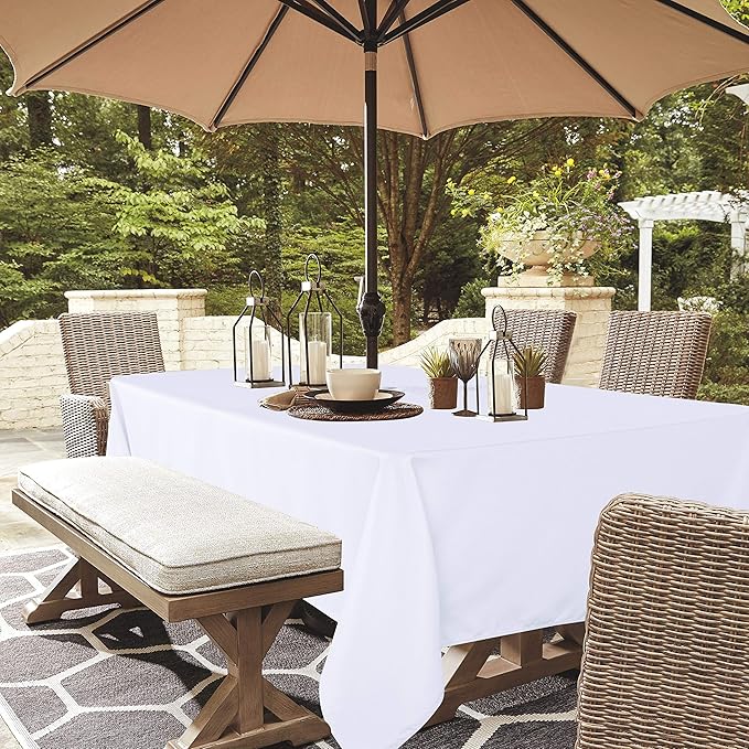 LUSHVIDA Rectangle Outdoor Tablecloth with Umbrella Hole and Zipper, 60x102 Inch White, Washable Waterproof Table Cloth Spill Proof Wrinkle Free Table Cover for Patio Spring Summer Picnic BBQS