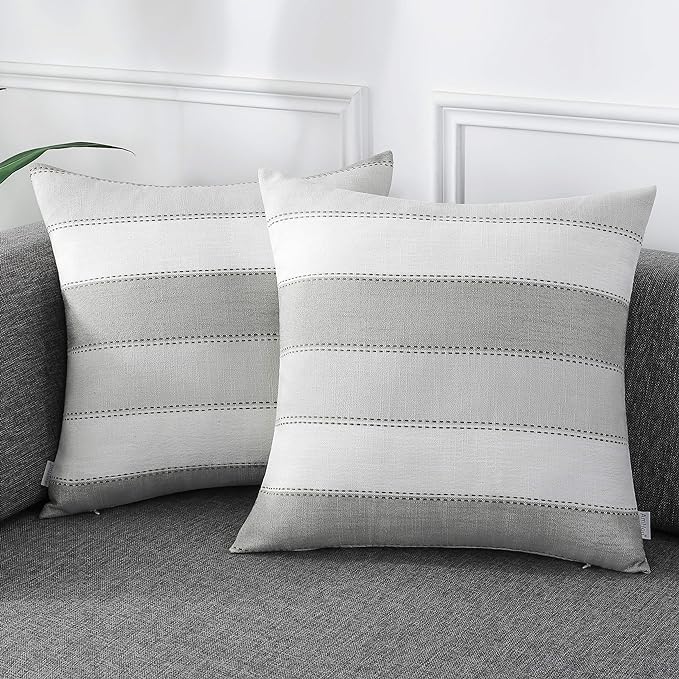 AmHoo Pack of 2 Farmhouse Stripe Check Throw Pillow Covers Set Case Cotton Linen Decorative Pillowcases Cushion Cover for Couch Bench Sofa 18x18Inch Light Grey Beige