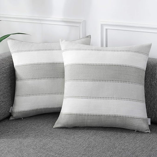 AmHoo Pack of 2 Farmhouse Stripe Check Throw Pillow Covers Set Case Cotton Linen Decorative Pillowcases Cushion Cover for Couch Bench Sofa 18x18Inch Light Grey Beige