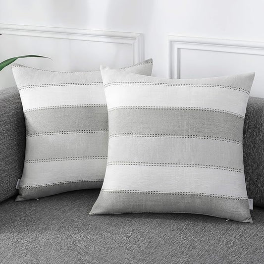 AmHoo Pack of 2 Farmhouse Stripe Check Throw Pillow Covers Set Case Cotton Linen Decorative Pillowcases Cushion Cover for Couch Bench Sofa 22x22Inch Light Grey Beige
