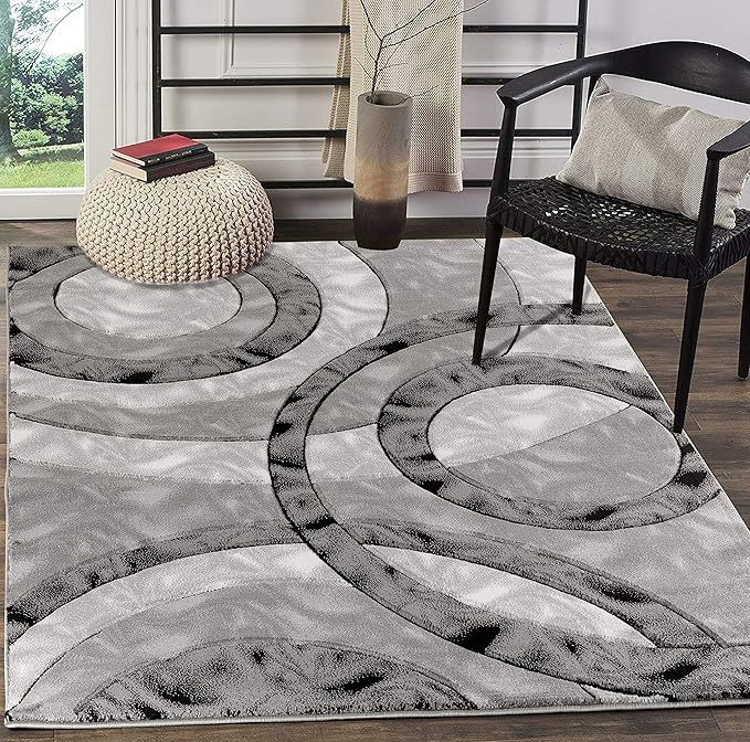 GLORY RUGS Area Rug Modern 8x10 Grey Black Circles Geometry Soft Hand Carved Contemporary Floor Carpet Fluffy Texture for Indoor Living Dining Room and Bedroom Area