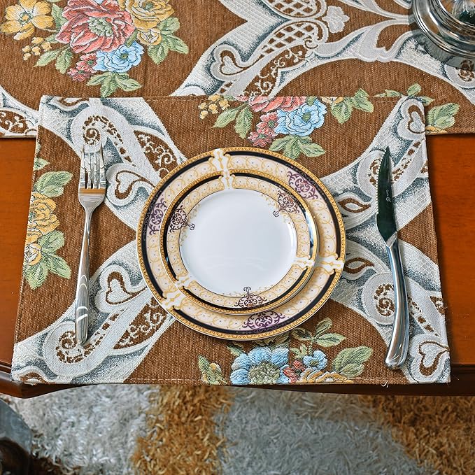Extra Luxury Velvet Blue Table Runner 120 Inches Long with Vintage Damask Jacquard Design for Dining Room,Living Room,Home Decor,Elegant Beaded Tapestry (Coffee, 6 Piece 13×18 Placemats)