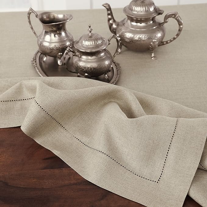 Solino Home Linen Tablecloth for Rectangle Tables 60 x 144 Inch - Classic Hemstitch 100% Pure Linen Natural Table Cloth - Machine Washable Cloth Tablecloth for Fall, Thanksgiving, Christmas, Holiday