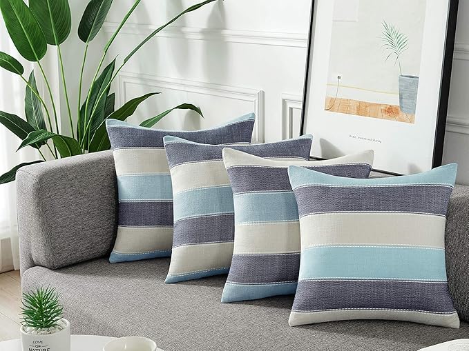 AmHoo Pack of 2 Farmhouse Stripe Check Throw Pillow Covers Set Case Cotton Linen Decorative Pillowcases Cushion Cover for Couch Bench Sofa 18x18Inch Blue Beige