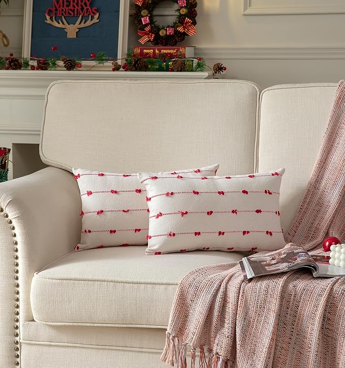 Caflife Boho Christmas Throw Pillow Covers 12x20 inches Beige and Red, Set of 2 Modern Farmhouse Holiday Decorative Pillow Covers for Couch Sofa Bed, Living Room