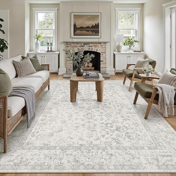 8x10 Grey Area Rug Non Slip Large Vintage Living Room Distressed Machine Washable Carpet Traditional Indoor Bedroom Grey Retro Floral Accent Throw Rug for Office Kitchen Dorm Dining Room