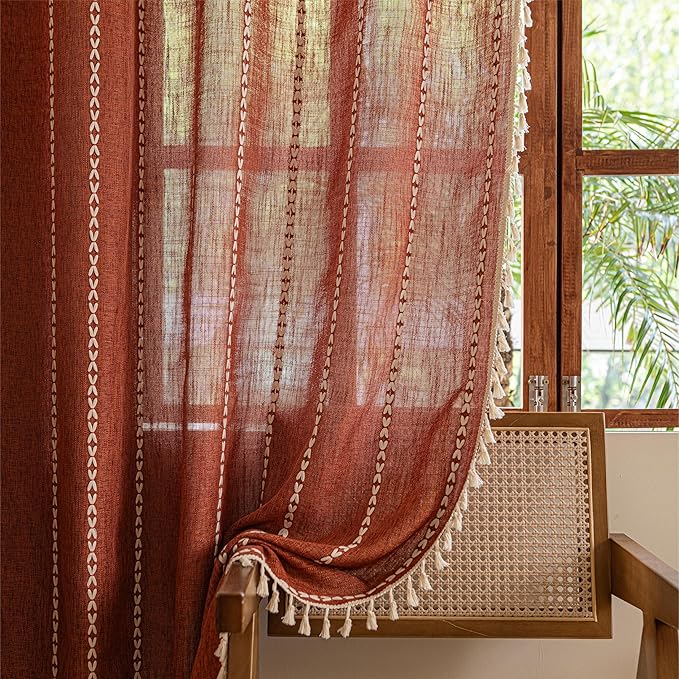 Sutuo Home Boho Linen Curtains for Living Room Dining Room, Farmhouse Light Filtering Privacy Window Treatment Bohemian Embroidery Tassels Long Stripes, Rod Pocket 1 Panel 52" W x 90" L, Terracotta