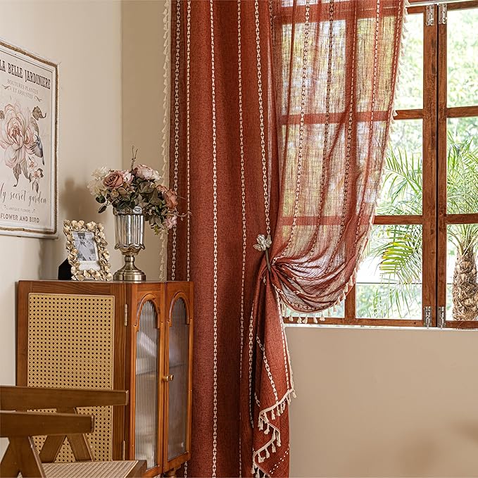 Sutuo Home Boho Linen Curtains for Living Room Dining Room, Farmhouse Light Filtering Privacy Window Treatment Bohemian Embroidery Tassels Long Stripes, Rod Pocket 1 Panel 52" W x 90" L, Terracotta