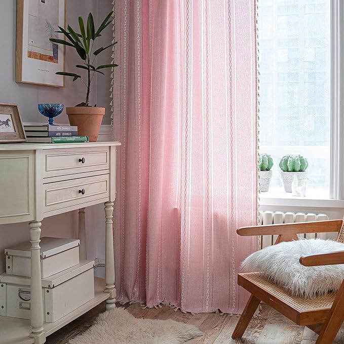 Sutuo Home Boho Curtains for Bedroom Living Room Nursery Kitchen, Light Filtering Country Farmhouse Vintage Chic Tassels Hollow Window Treatment Bohemian Drape, 1 Panel 52" W x 63" L, Pink