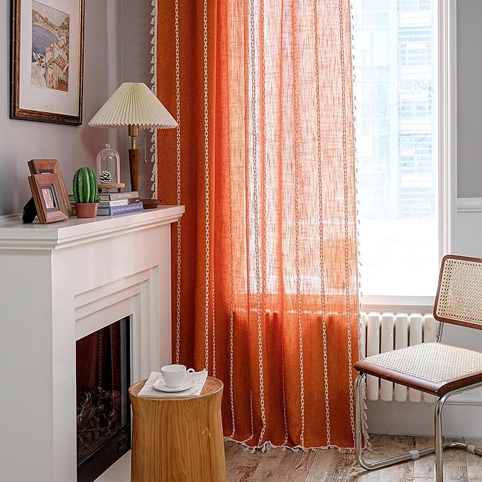 Sutuo Home Orange Boho Curtains for Bedroom Living Room,Terracotta Semi Blackout Linen Farmhouse Shabby Chic Tassels Window Treatment Bohemian Embroidery Drape, Rod Pocket 1 Panel 52" W x 96" L