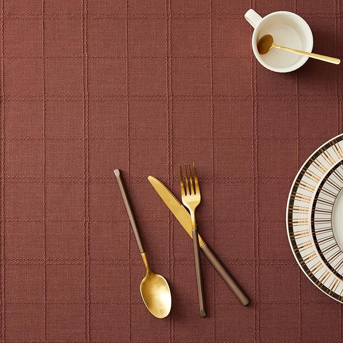 ZeeMart Linen Checked Table Cloth, Farmhouse Style Plaid Embroidered Rust Tablecloth, Water Resistant Square Table Cloth, Terracota 60x60 Inches