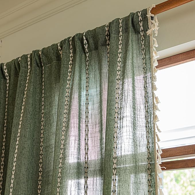 Sutuo Home Olive Green Boho Curtains for Living Room Bedroom, Bohemian Light Filtering Linen Country Vintage Christmas Decor Tassels Window Treatment Embroidery Drape, Rod Pocket 1 Panel 52" W x 84" L