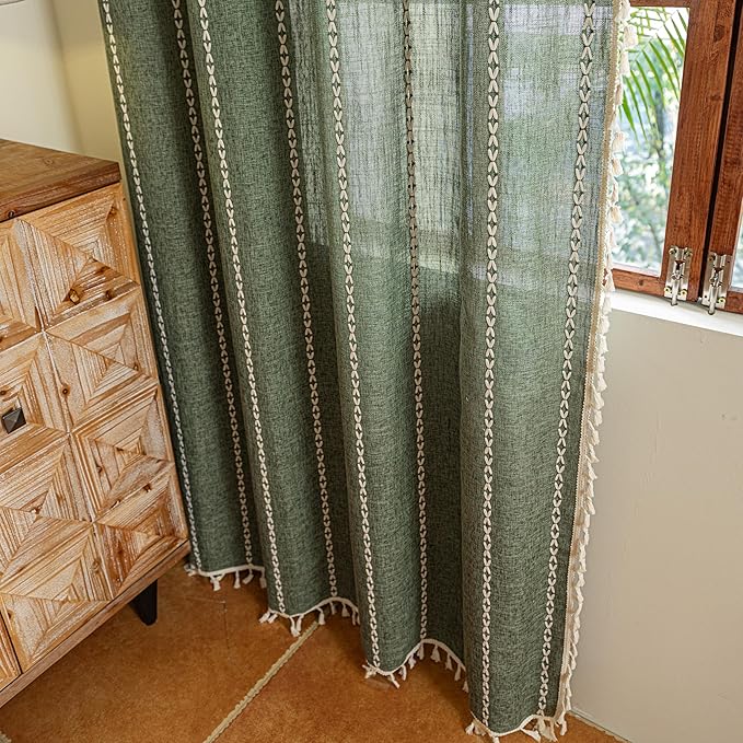 Sutuo Home Boho Window Curtains for Nursery Bedroom, Light-Filtering Linen French Country Shabby Chic Window Treatment Bohemian Embroidery Knitted Drape, Rod Pocket 1 Panel 52" W x 72" L, Olive Green