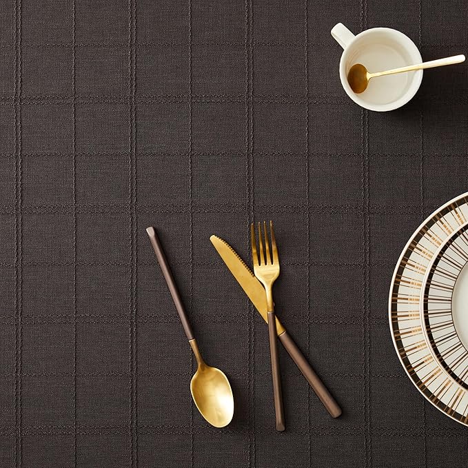 ZeeMart Linen Checked Table Cloth, Farmhouse Style Plaid Embroidered Charcoal Tablecloth, Water Resistant Rectangle Table Cloth, Charcoal 60x120 Inches