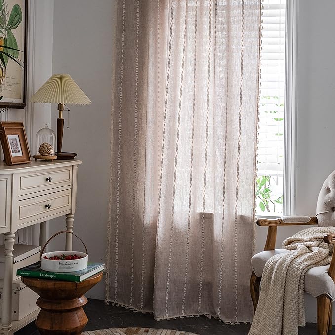 Sutuo Home Boho Curtains for Bedroom 96 Inches Long, Light Filtering Farmhouse Vintage Shabby Chic Tassels Window Treatment Bohemian Embroidery Drape, Rod Pocket 1 Panel 52" W x 96" L, Taupe