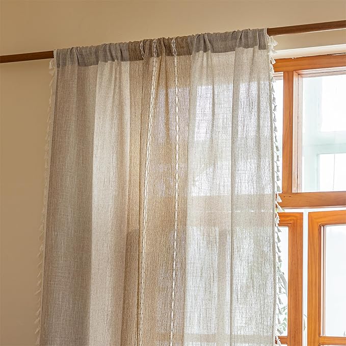 Sutuo Home Boho Curtains for Kitchen Nursery, Vintage Light Filtering Farmhouse Shabby Chic Tassels Window Treatment Bohemian Privacy Embroidery Decor, Rod Pocket 1 Panel 52" W x 63" L, Khaki Linen