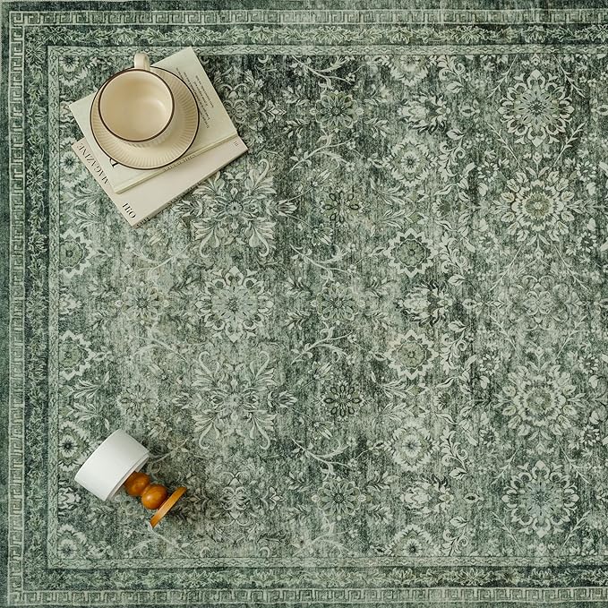 5x7 Vintage Area Rug Green Washable Living Room Large Non Slip Carpet Bedroom Indoor Office Low Pile Traditional Distressed Retro Floral Accent Rug for Dining Room Bathroom Kitchen