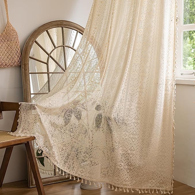 Sutuo Home Boho Curtains 63 Inches Length for Bedroom, Window Treatments Bohemian Sheer Crochet Lace Vintage Cotton Drapes Pair, Beige Geometry with Handmade Tassels 2 Panels Rod Pocket, 52" x 63