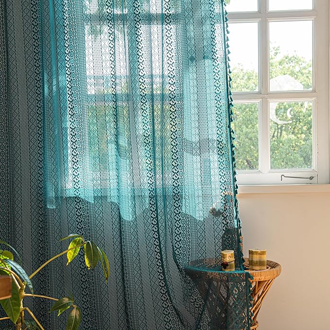 Sutuo Home Boho Curtains 120 inches for Bedroom Dining Room Patio Doorway, Crochet Lace Sheer Bohemian Extra Long with Tassels,Window Treatment Drape, Single 1 Panel 59" W x 120" L, Turquoise